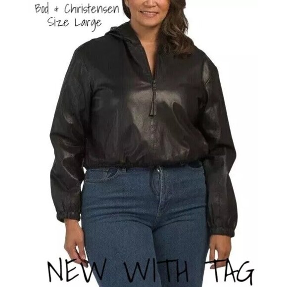 Bod & Christensen Women's Black Leather Hooded Jacket Size Large - New with Tags - Picture 1 of 4